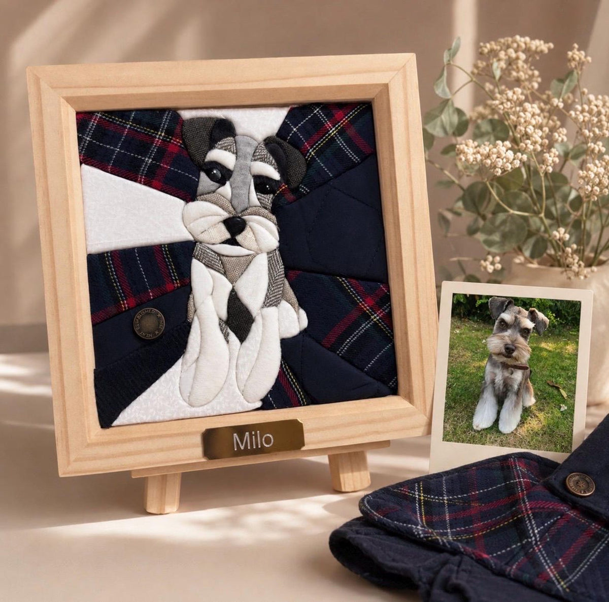 May include: A square wooden frame containing a fabric collage of a Schnauzer dog, featuring a mix of navy blue, white, and red plaid fabric pieces. A small metal plaque at the bottom of the frame is engraved with the name Milo in white text.