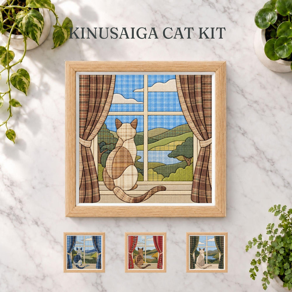 May include: A Kinusaiga cat kit featuring a framed square fabric art piece of a cat sitting on a windowsill looking at a landscape. The scene includes brown plaid curtains, a blue sky, and green hills. Three smaller variations are shown below.
