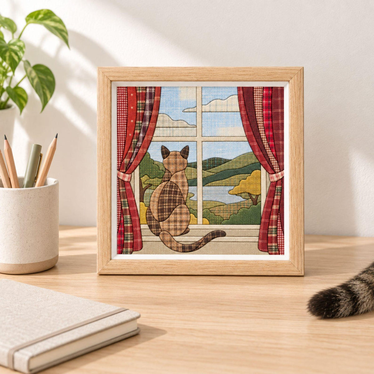 May include: A square framed wall art piece featuring a plaid cat sitting on a windowsill looking out at a landscape of green hills and a blue sky. The scene is framed by red and white checkered curtains on both sides of the window pane.