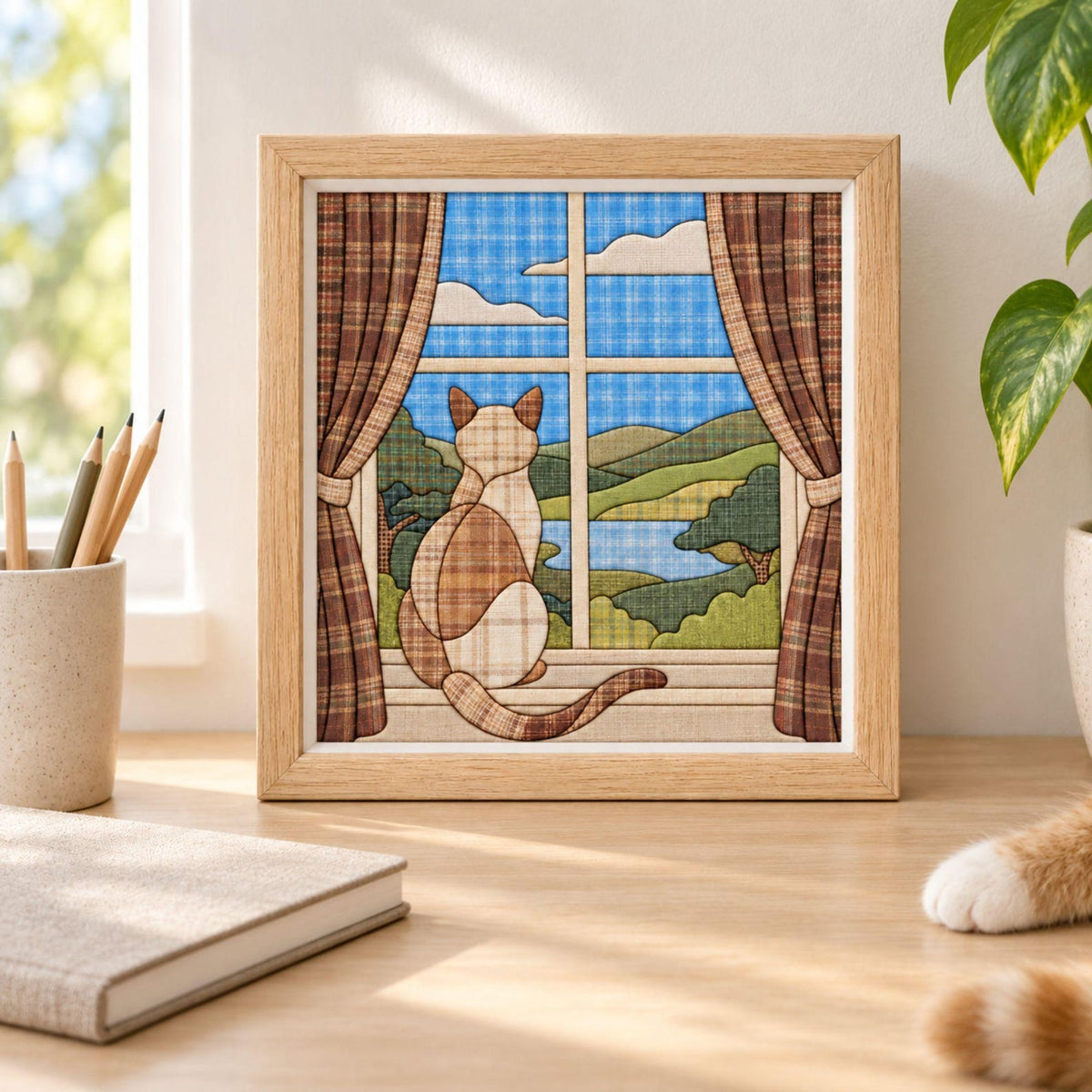 May include: A square framed wall art piece featuring a fabric-style illustration of a cat sitting on a windowsill. The cat is rendered in shades of brown and beige plaid. The window view shows blue sky, white clouds, and green rolling hills.