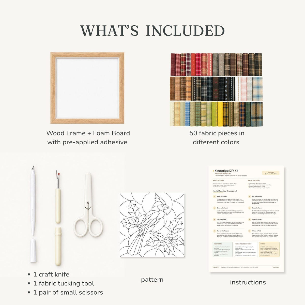 May include: A Kimekomi DIY kit including a square wood frame with foam board, 50 assorted fabric pieces, a craft knife, a fabric tucking tool, small scissors, a cardinal and holly pattern, and printed instructions labeled WHAT'S INCLUDED.