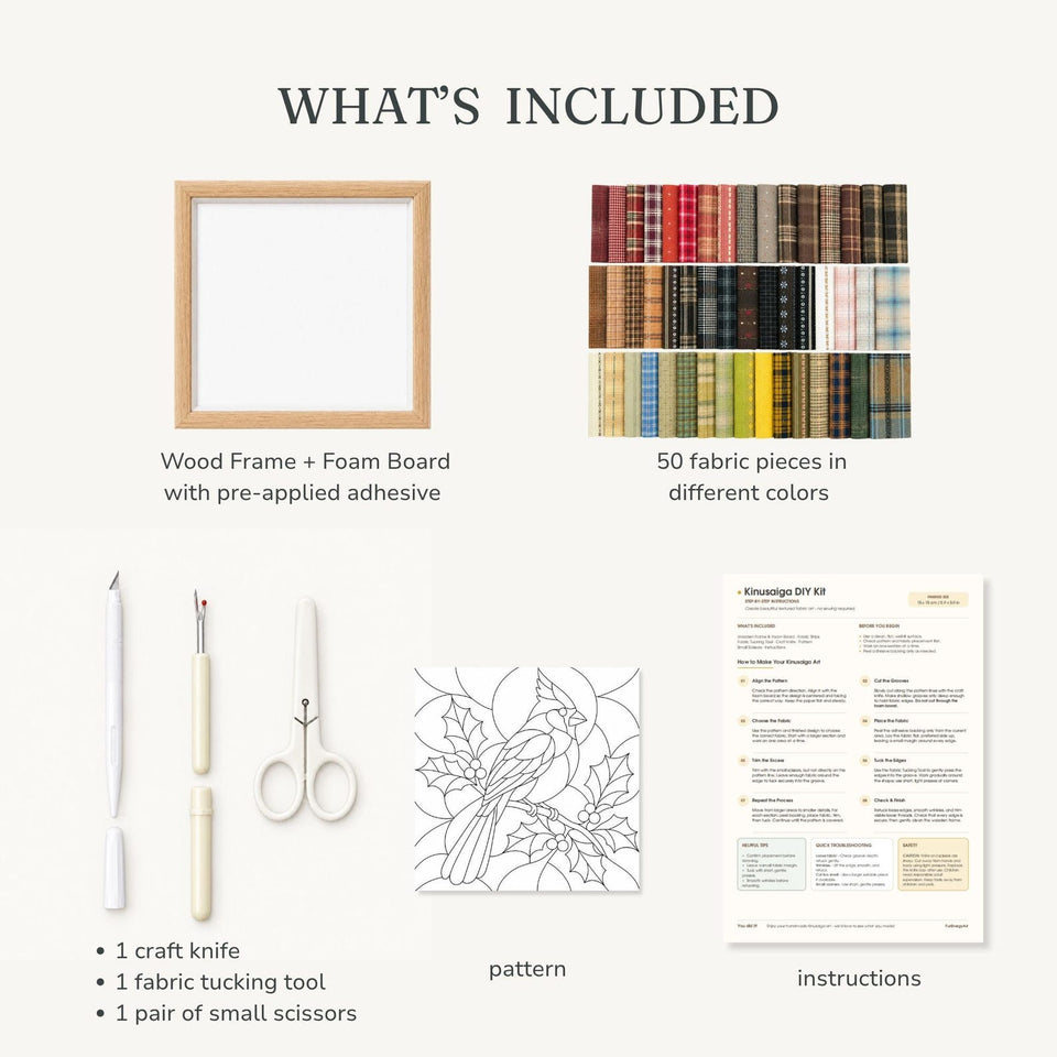 May include: A Kimekomi DIY kit including a square wood frame with foam board, 50 assorted fabric pieces, a craft knife, a fabric tucking tool, small scissors, a cardinal and holly pattern, and printed instructions labeled WHAT'S INCLUDED.