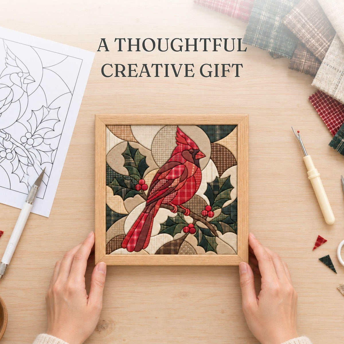May include: A framed fabric art piece featuring a red cardinal bird perched on a holly branch with berries, surrounded by a geometric pattern of plaid and solid fabric patches. The text A THOUGHTFUL CREATIVE GIFT is visible above the frame.