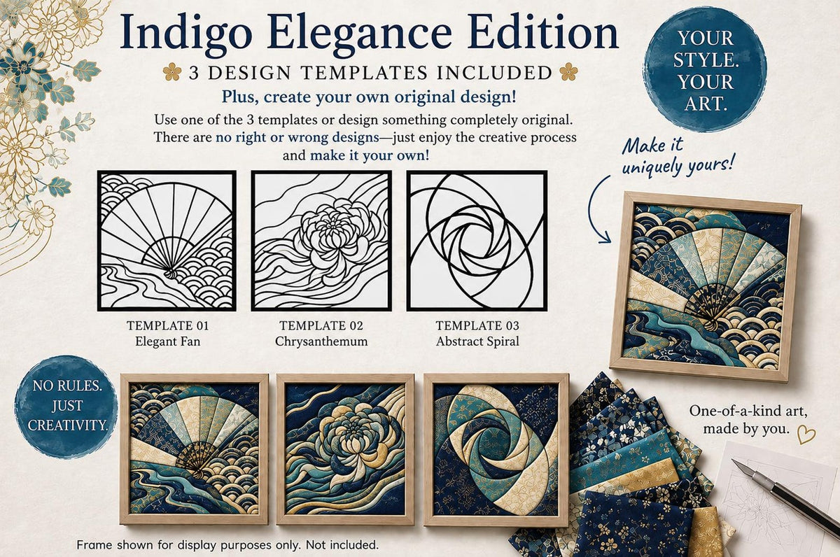 May include: Indigo Elegance Edition craft kit featuring three design templates: Elegant Fan, Chrysanthemum, and Abstract Spiral. Includes fabric swatches in blue, teal, and gold tones, plus instructions to create original art pieces.