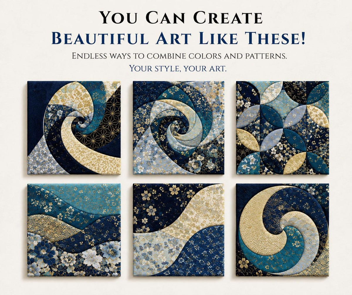 May include: Six square fabric art panels featuring blue, gold, and white floral and geometric patterns in swirling and circular designs. Text reads: YOU CAN CREATE BEAUTIFUL ART LIKE THESE! ENDLESS WAYS TO COMBINE COLORS AND PATTERNS. YOUR STYLE, YOUR ART.