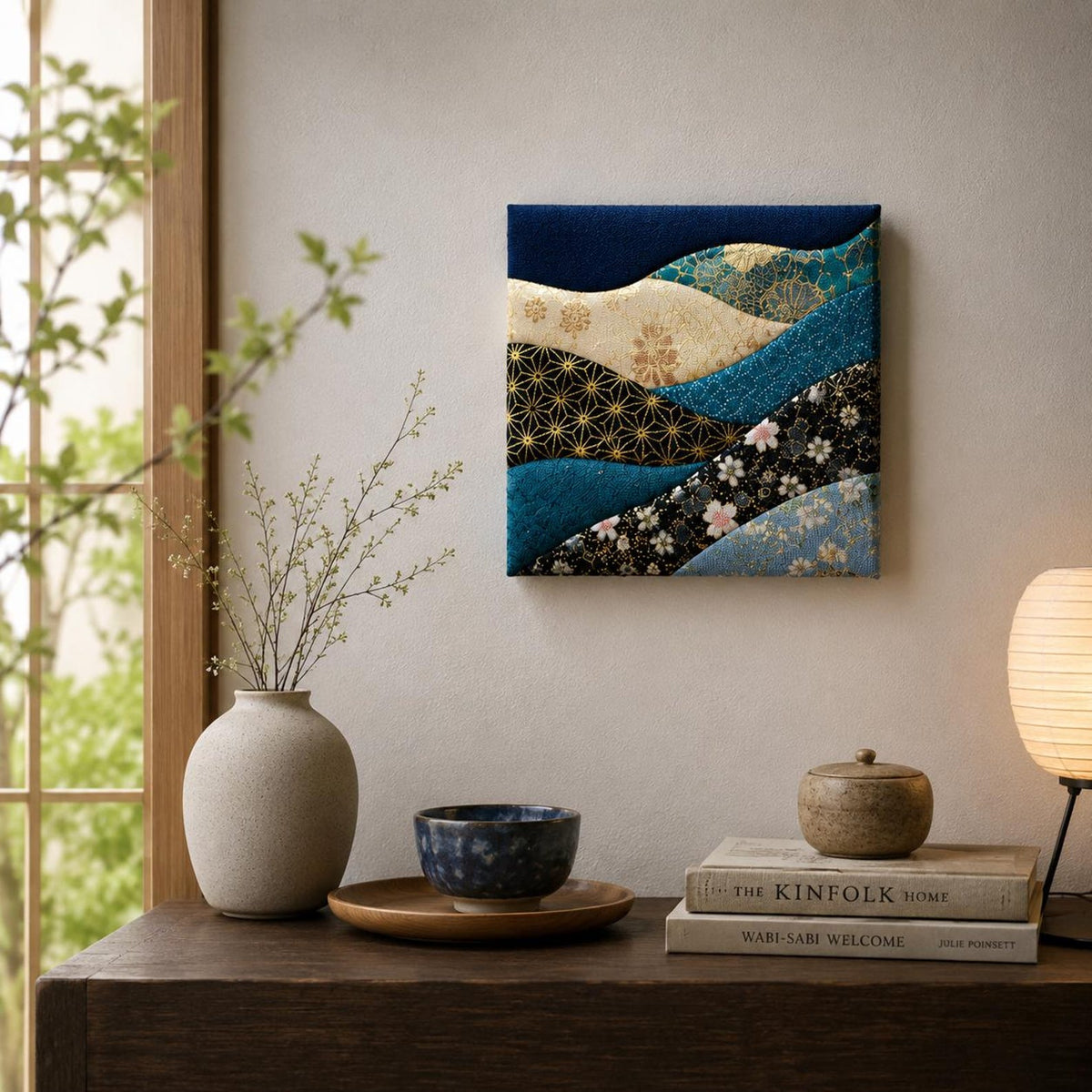 May include: A square wall art piece featuring layered, wavy fabric panels in shades of deep blue, cream, and black, decorated with gold geometric patterns and floral motifs. The artwork is displayed on a wall above a wooden table.