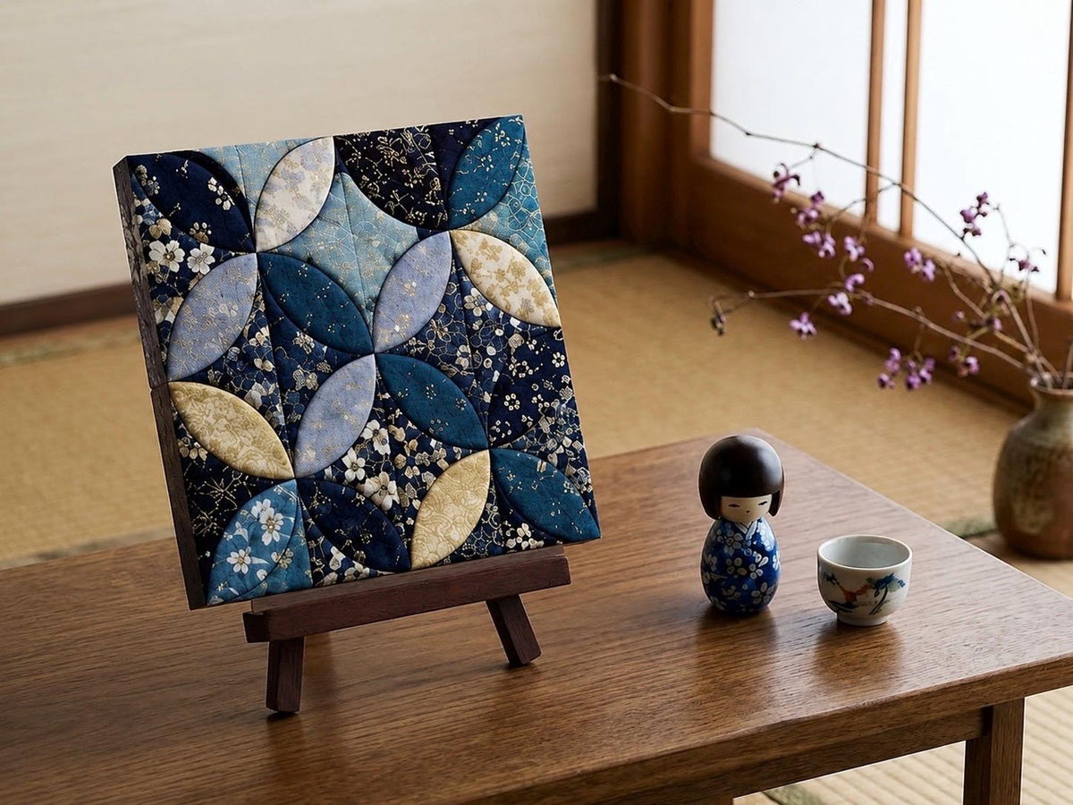 May include: A square fabric wall art piece featuring a blue and cream floral patchwork pattern displayed on a small wooden easel, accompanied by a small wooden kokeshi doll and a ceramic tea cup on a wooden table.