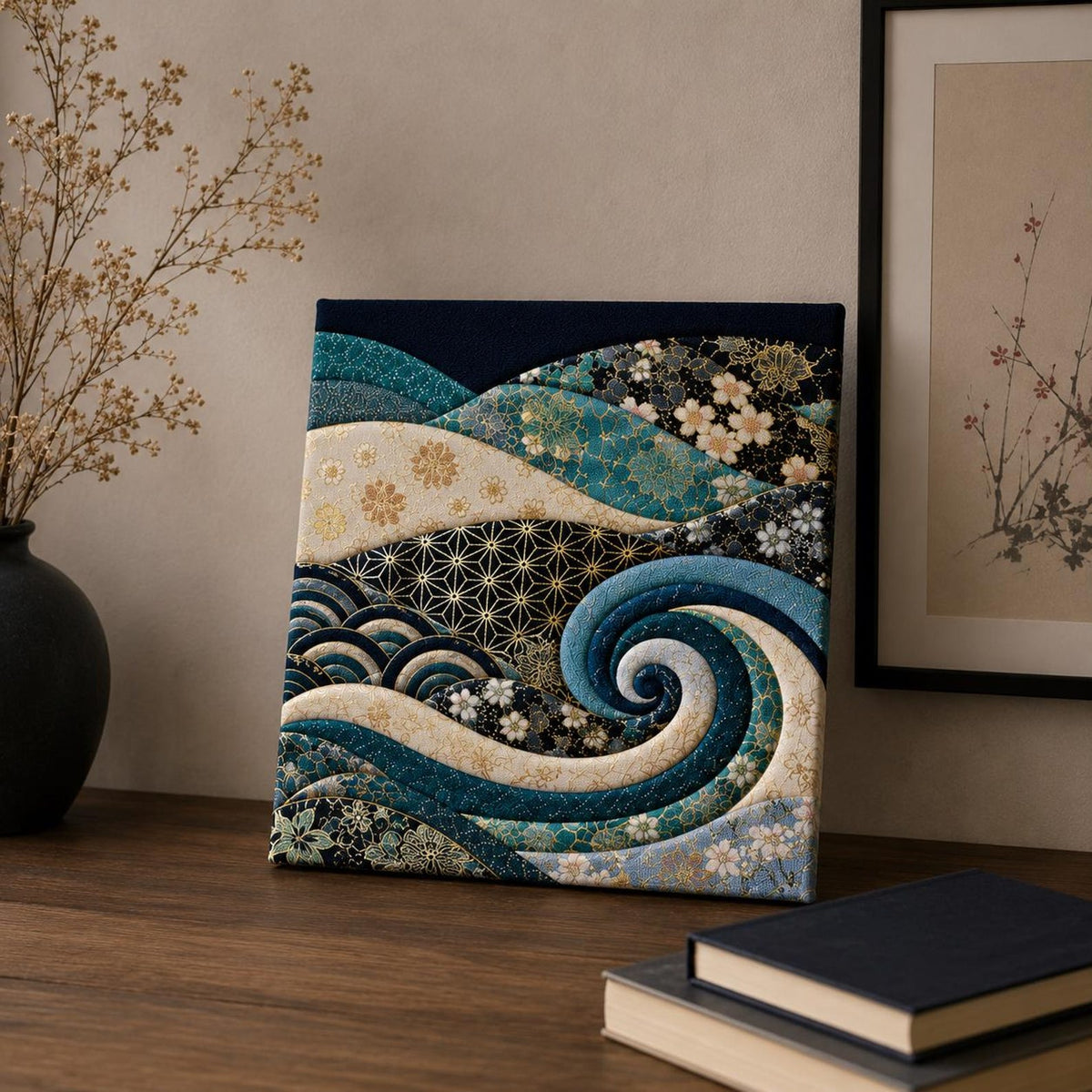 May include: A square fabric wall art piece featuring layered, quilted waves in shades of teal, navy blue, cream, and gold. The design incorporates intricate geometric patterns, floral motifs, and a prominent swirling wave element across the surface.