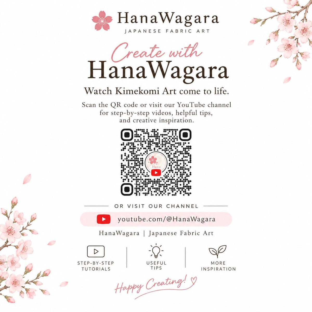 May include: A white informational card featuring pink cherry blossom illustrations. Text reads HanaWagara Japanese Fabric Art, Create with HanaWagara, Watch Kimekomi Art come to life, a QR code, and youtube.com/@HanaWagara for tutorials.
