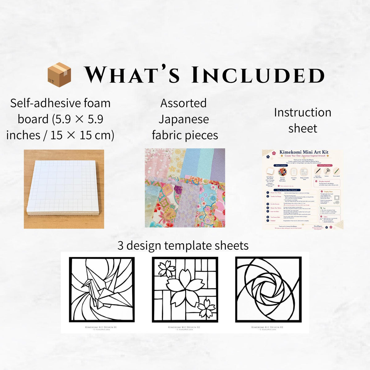 May include: A Kimekomi mini art kit including a 5.9 x 5.9 inch self-adhesive foam board, assorted Japanese fabric pieces, an instruction sheet, and three design template sheets featuring a crane, cherry blossoms, and a spiral pattern.