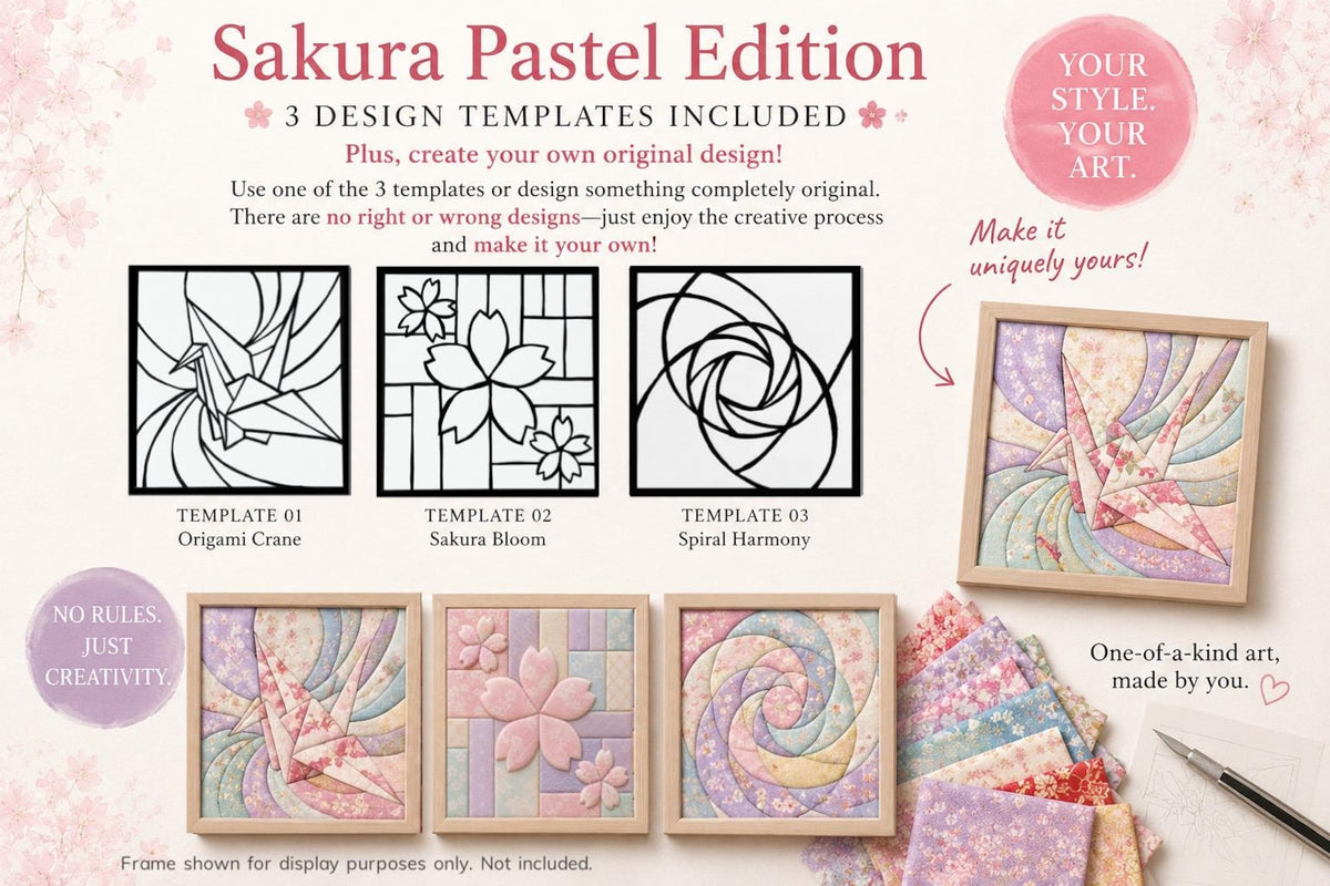 May include: Sakura Pastel Edition craft kit featuring three design templates: Origami Crane, Sakura Bloom, and Spiral Harmony. Includes instructions for creating original designs with pastel floral fabric pieces and wooden frames.
