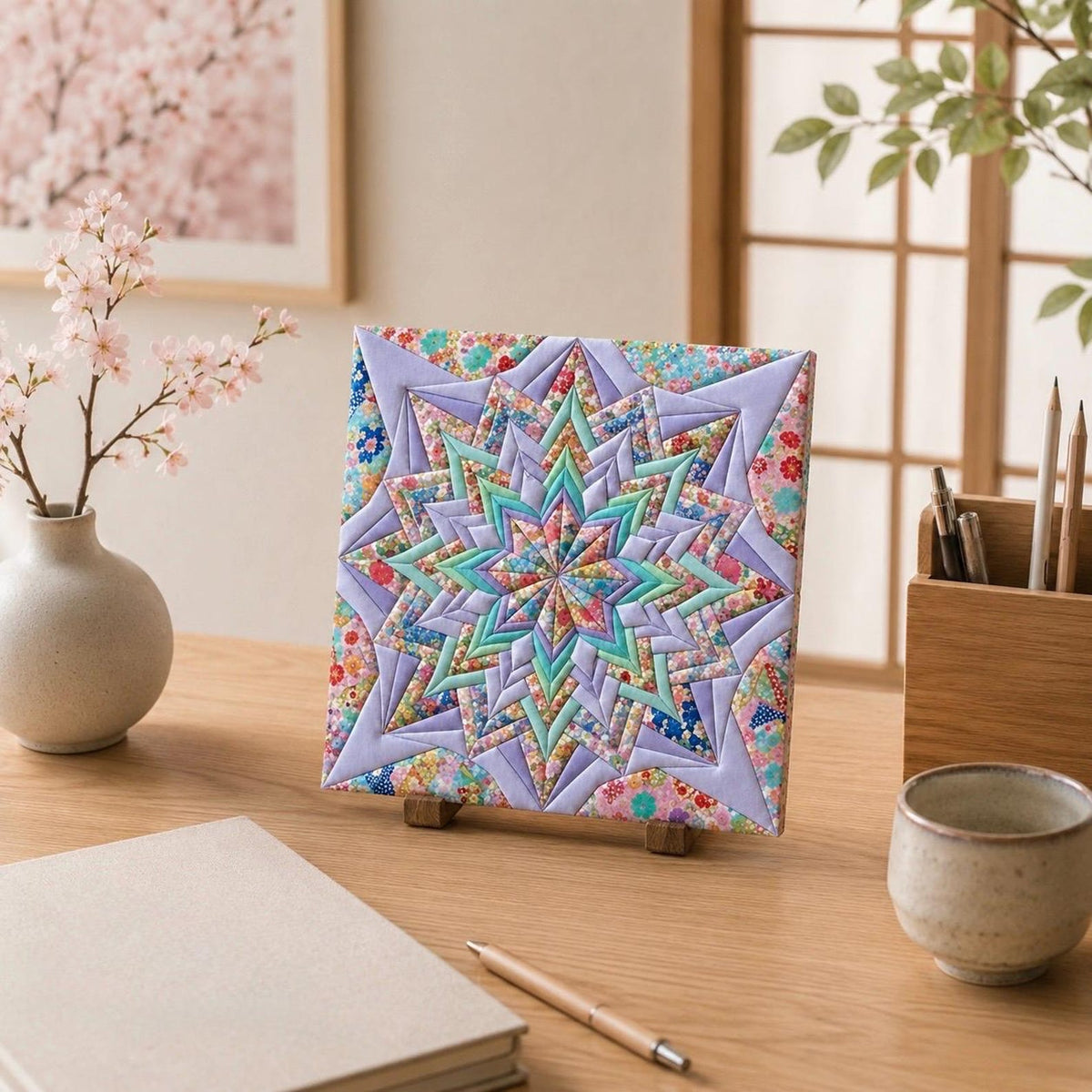 May include: A square fabric art piece featuring a complex, multi-layered star pattern in shades of lavender, teal, and various floral prints. The design is constructed from folded fabric segments arranged in a geometric, radiating starburst motif.