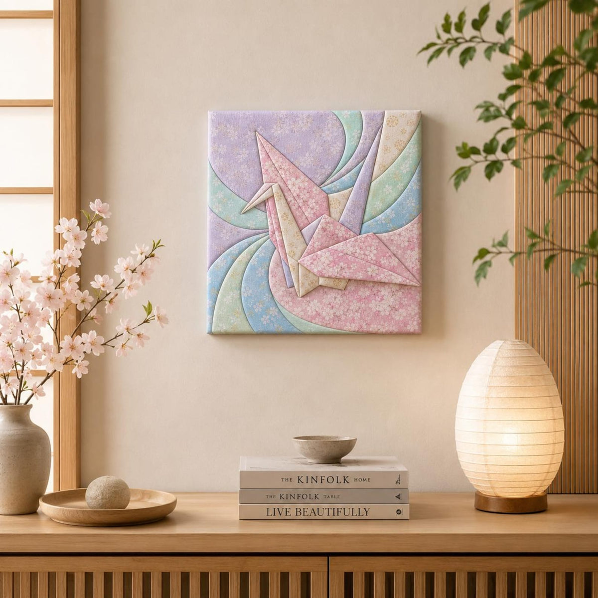 May include: A square wall art piece featuring a stylized origami crane in shades of pink, lavender, and light blue, decorated with a subtle cherry blossom pattern. The design is composed of curved, segmented sections that create a sense of motion.