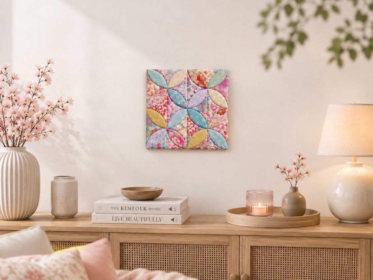 May include: A square wall art piece featuring a quilted fabric design with a repeating pattern of interlocking circles in soft pastel shades of pink, yellow, blue, and lavender, accented with delicate floral and geometric prints.