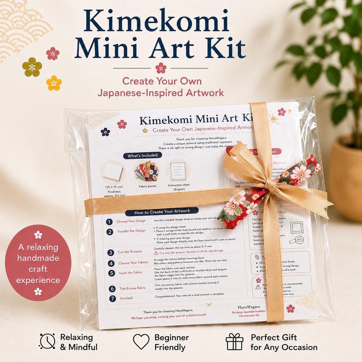 May include: A Kimekomi Mini Art Kit in clear plastic packaging tied with a gold ribbon and a floral fabric accent. The kit includes a white instruction sheet with black text, diagrams, and steps for creating Japanese-inspired artwork.