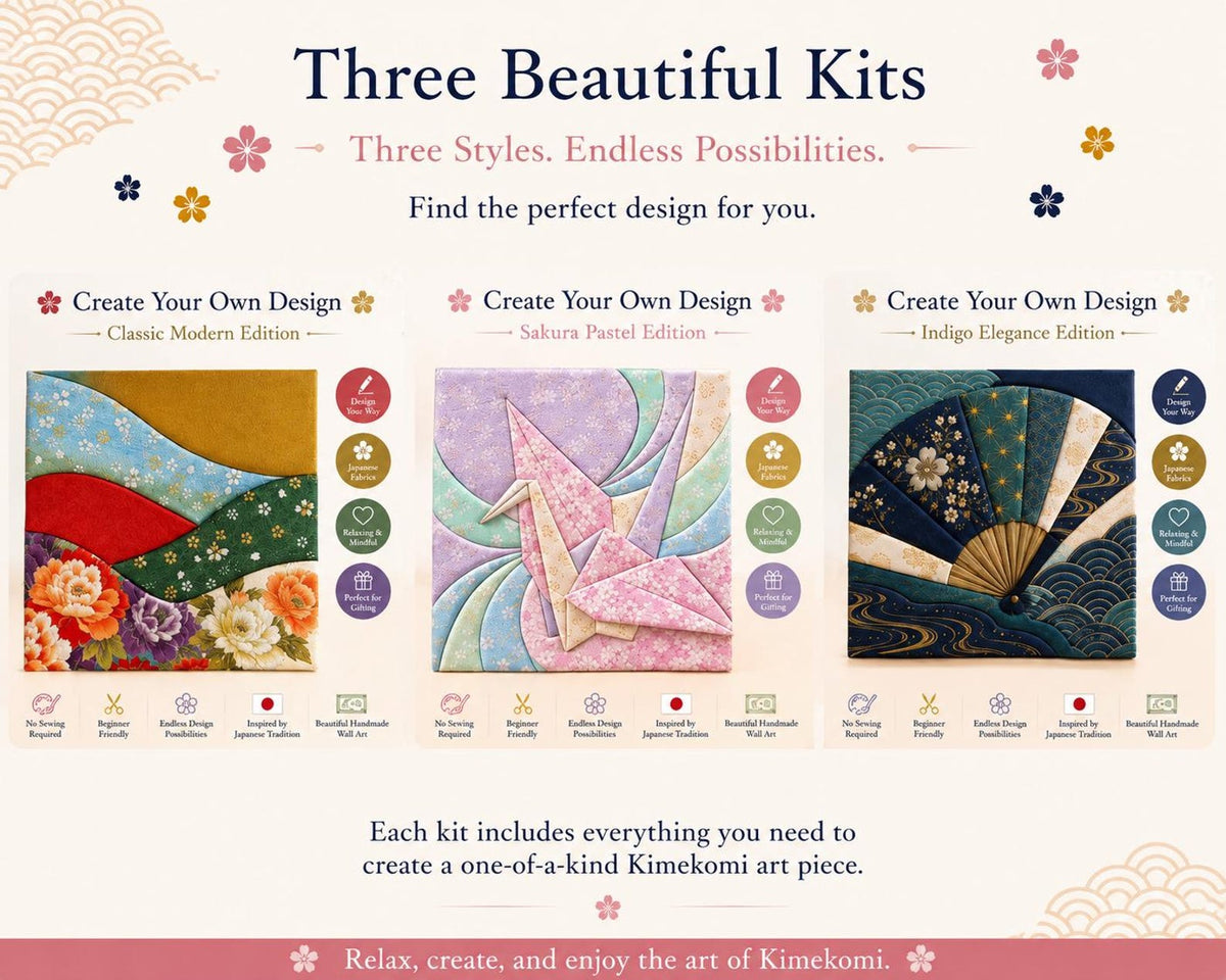 May include: Three Kimekomi art kits featuring the Classic Modern, Sakura Pastel, and Indigo Elegance editions. Each kit includes materials to create a square fabric-covered design, with text labels detailing features like no sewing required.