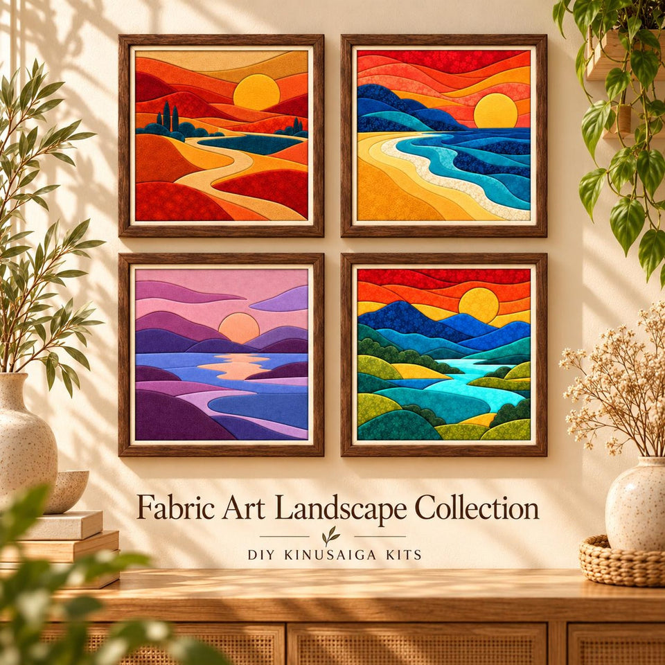 May include: Four square fabric art landscape panels in dark wood frames. The scenes depict a desert sunset, a coastal beach, a purple mountain lake, and a green valley with a river. Text reads: Fabric Art Landscape Collection DIY KINUSAIGA KITS.