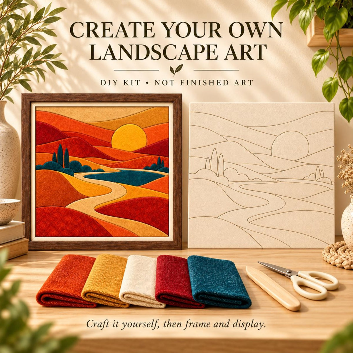May include: A DIY landscape art kit featuring a framed example of a sunset over rolling hills in red, orange, and blue, a blank canvas with a printed outline, five folded fabric swatches, a wooden tool, and metal scissors.