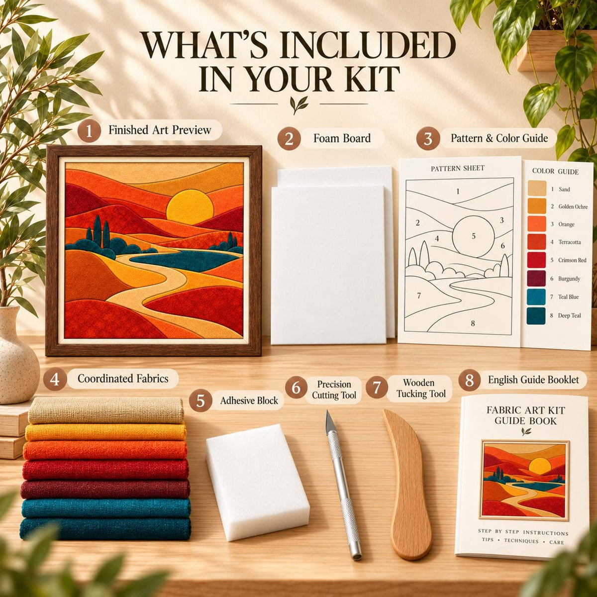 May include: A fabric art kit containing a framed landscape artwork, foam board, a numbered pattern sheet, a color guide, eight stacked fabric swatches in warm tones, an adhesive block, a metal cutting tool, a wooden tool, and a guide book.