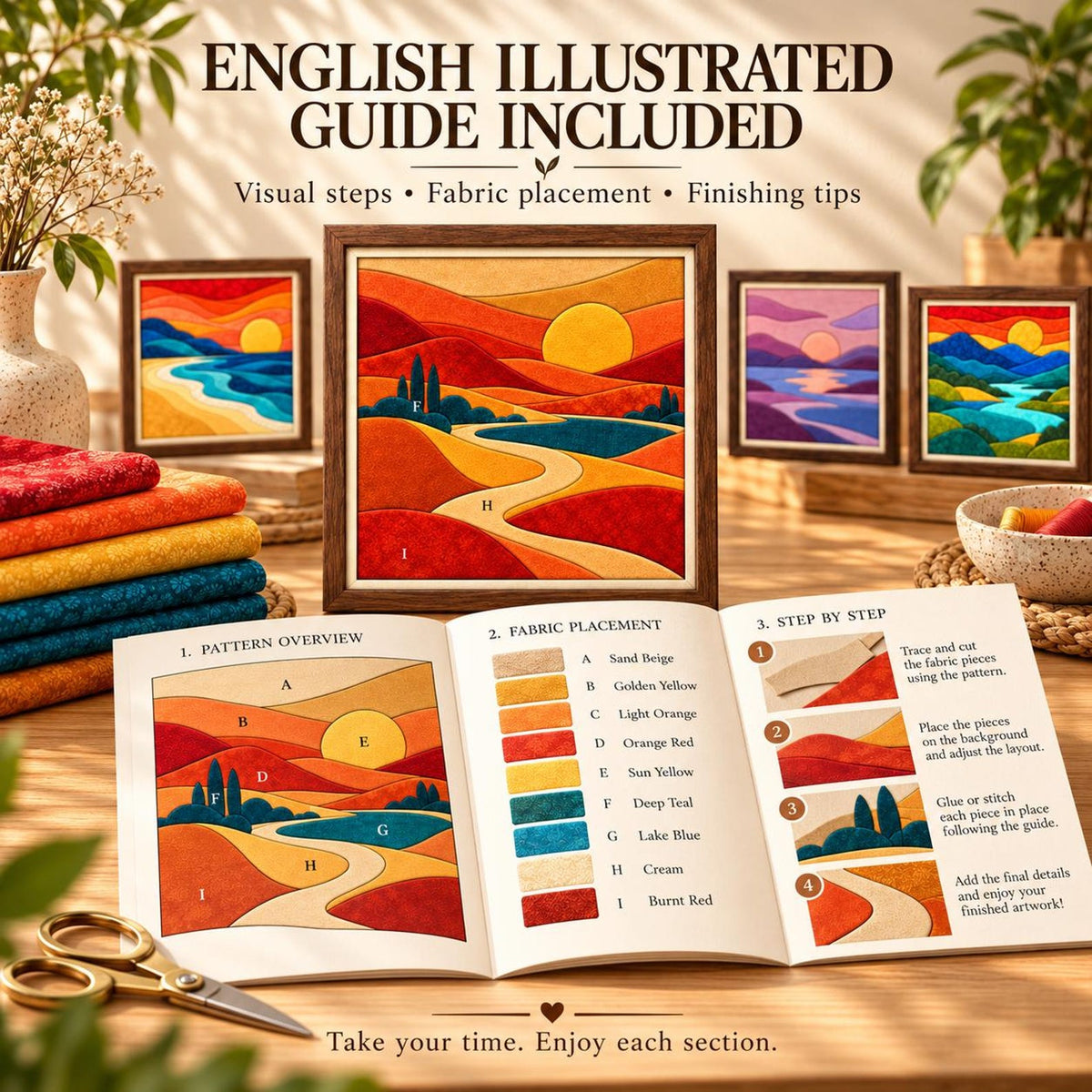 May include: A craft kit featuring an English illustrated guide with visual steps, fabric placement, and finishing tips. The guide displays a landscape pattern with labeled sections, color swatches, and instructions for creating fabric art.