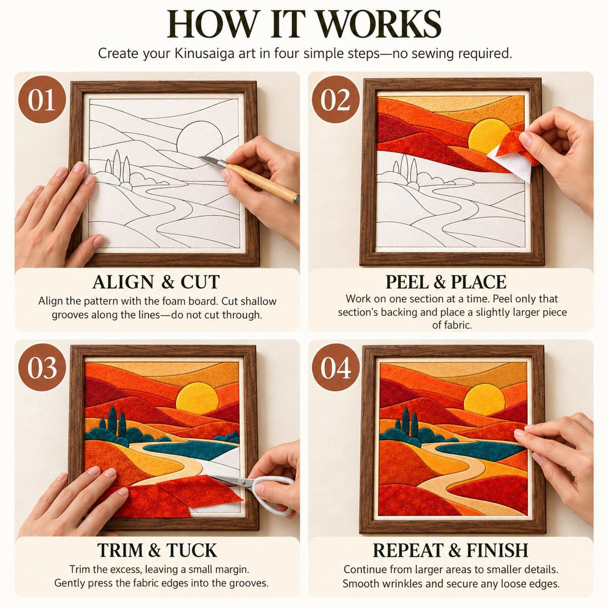 May include: A four-step instructional guide for Kinusaiga art featuring a landscape design. The steps include: 01 Align & Cut, 02 Peel & Place, 03 Trim & Tuck, and 04 Repeat & Finish. The artwork depicts a sunset over rolling hills and a river.