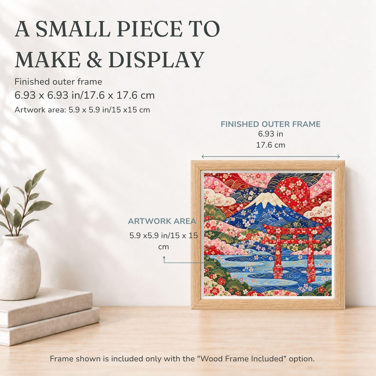 May include: A square framed artwork featuring a stylized Mount Fuji, a red torii gate, and cherry blossoms in red, blue, and white. The finished outer frame measures 6.93 x 6.93 inches, and the artwork area measures 5.9 x 5.9 inches.
