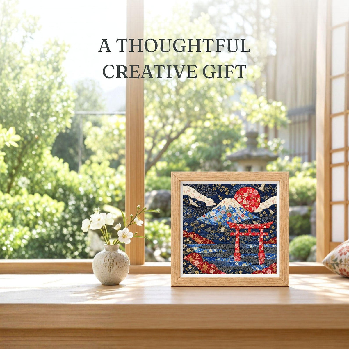 May include: A square framed artwork featuring a dark blue background with a red sun, a mountain, and a red torii gate, decorated with floral patterns. The text A THOUGHTFUL CREATIVE GIFT is displayed above the frame, which sits next to a small white vase.