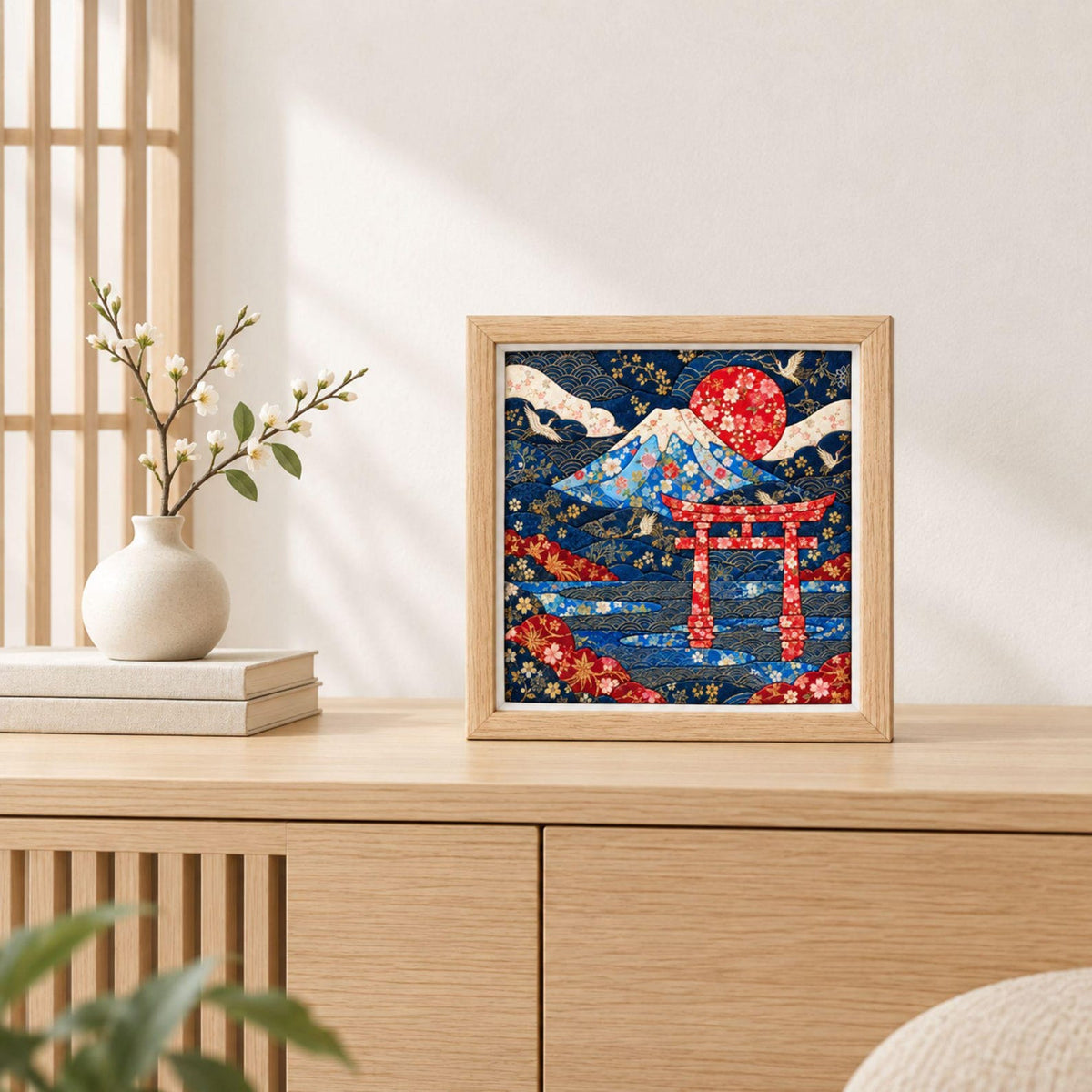 May include: A square framed wall art piece featuring a stylized illustration of Mount Fuji, a red torii gate, and a large red sun. The design incorporates deep blue, red, and white floral patterns with white cranes against a dark blue background.