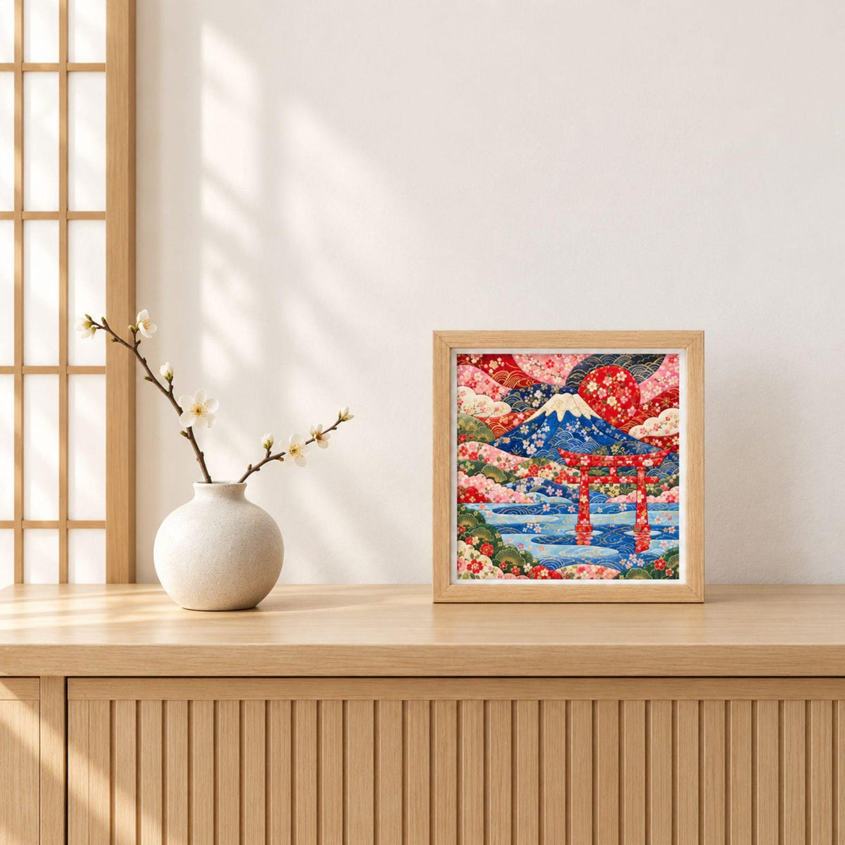 May include: A square framed wall art piece featuring a vibrant, patterned illustration of Mount Fuji, a red torii gate, and cherry blossoms in shades of red, blue, and white. The artwork is displayed in a light-toned wooden frame.