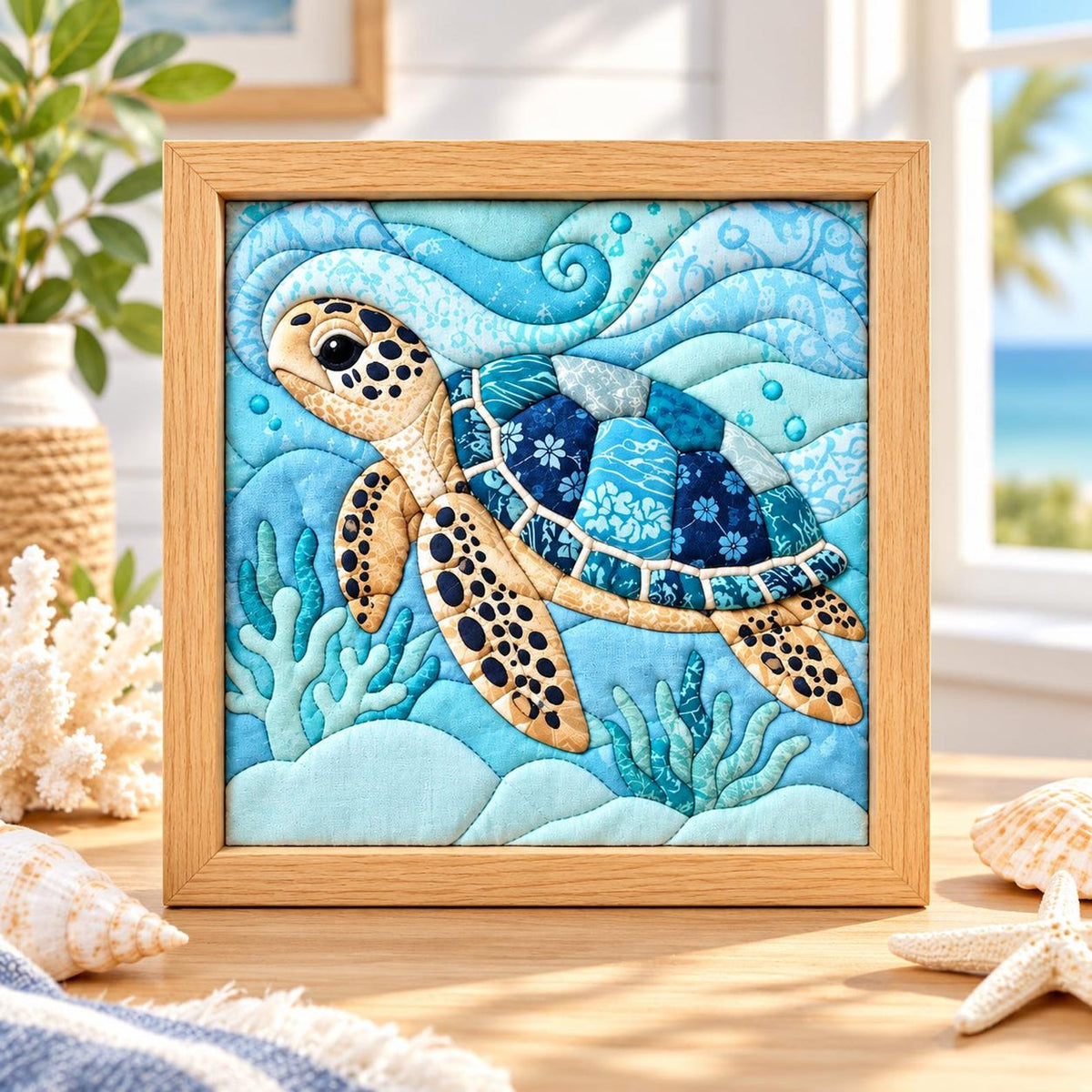 May include: A square framed fabric wall art piece featuring a quilted sea turtle swimming through blue waves. The turtle has a tan body with dark spots and a shell composed of various blue patterned fabric patches, surrounded by light blue coral.