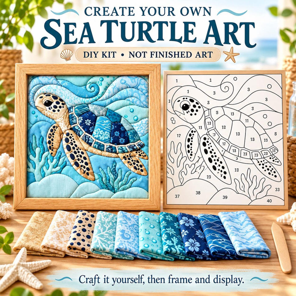 May include: A DIY sea turtle art kit featuring a finished fabric quilt sample in a wooden frame, a numbered pattern template, and ten folded fabric strips in shades of blue and tan. Text reads: CREATE YOUR OWN SEA TURTLE ART DIY KIT • NOT FINISHED ART.