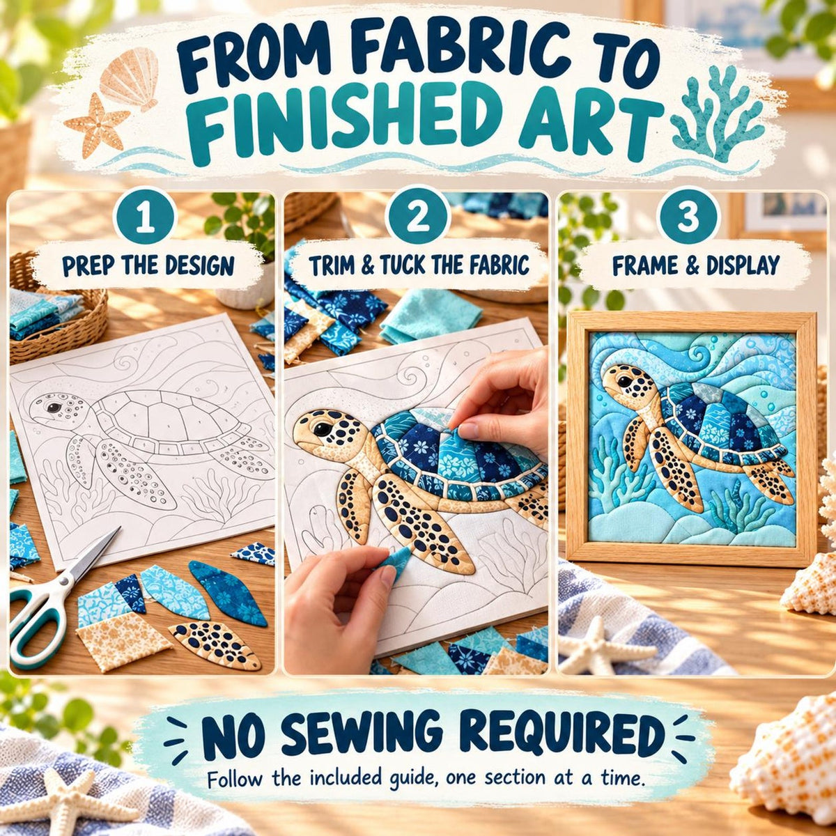 May include: A craft kit instructional graphic titled FROM FABRIC TO FINISHED ART. It shows three steps: 1. PREP THE DESIGN, 2. TRIM & TUCK THE FABRIC, and 3. FRAME & DISPLAY. The image features a sea turtle pattern and NO SEWING REQUIRED text.