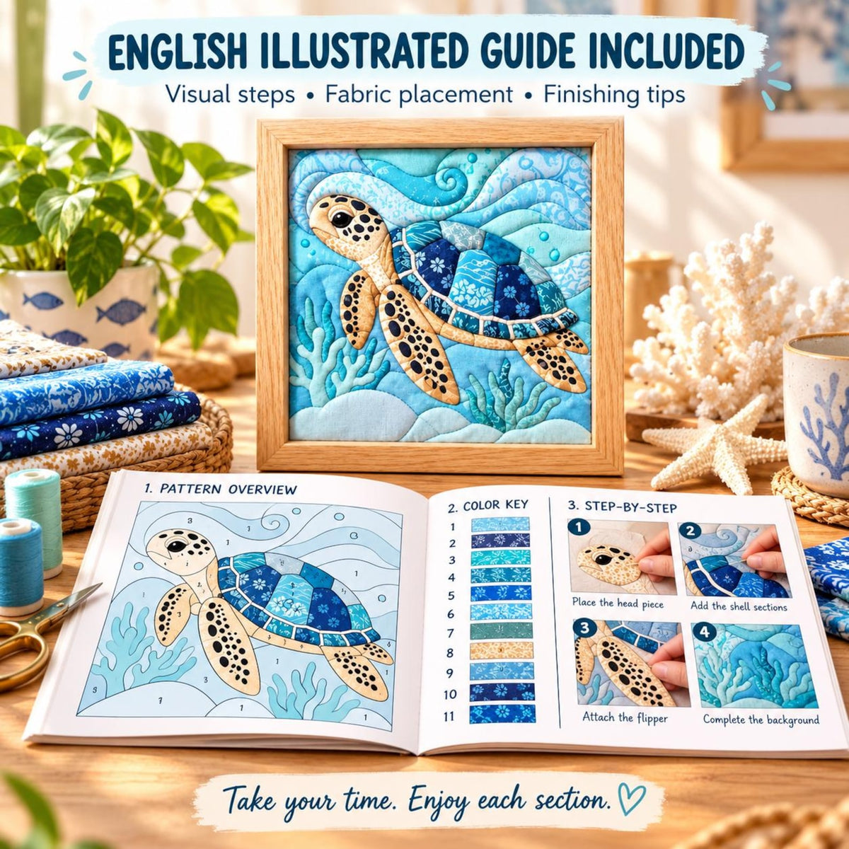 May include: A sea turtle fabric quilt pattern kit featuring a framed finished square quilt, an instructional booklet with a color key, and step-by-step visual guides. The text reads: ENGLISH ILLUSTRATED GUIDE INCLUDED, Visual steps, Fabric placement, Finishing tips, 1. PATTERN OVERVIEW, 2. COLOR KEY, 3. STEP-BY-STEP, Take your time. Enjoy each section.