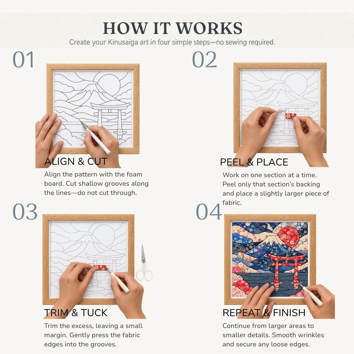 May include: A four-step instructional guide for Kinusaiga art featuring a square framed board with a landscape design. Step 01 shows cutting grooves, 02 shows placing fabric, 03 shows trimming and tucking fabric, and 04 shows the finished colorful scene.