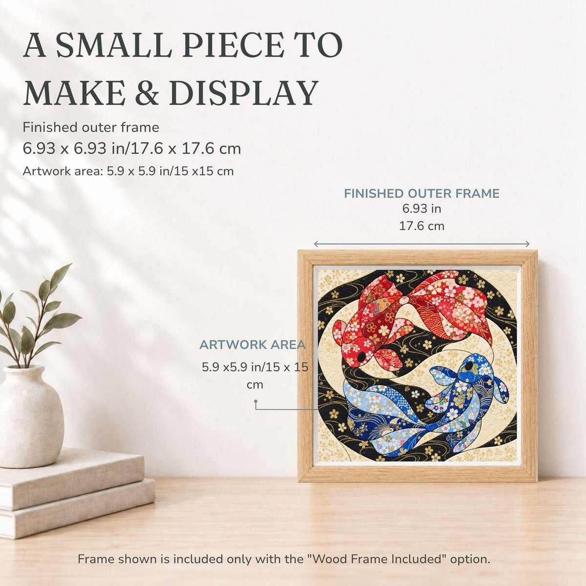 May include: A square framed artwork featuring two koi fish in red and blue with floral patterns on a black and gold background. The finished outer frame measures 6.93 x 6.93 inches, and the artwork area measures 5.9 x 5.9 inches. Text reads A SMALL PIECE TO MAKE & DISPLAY.