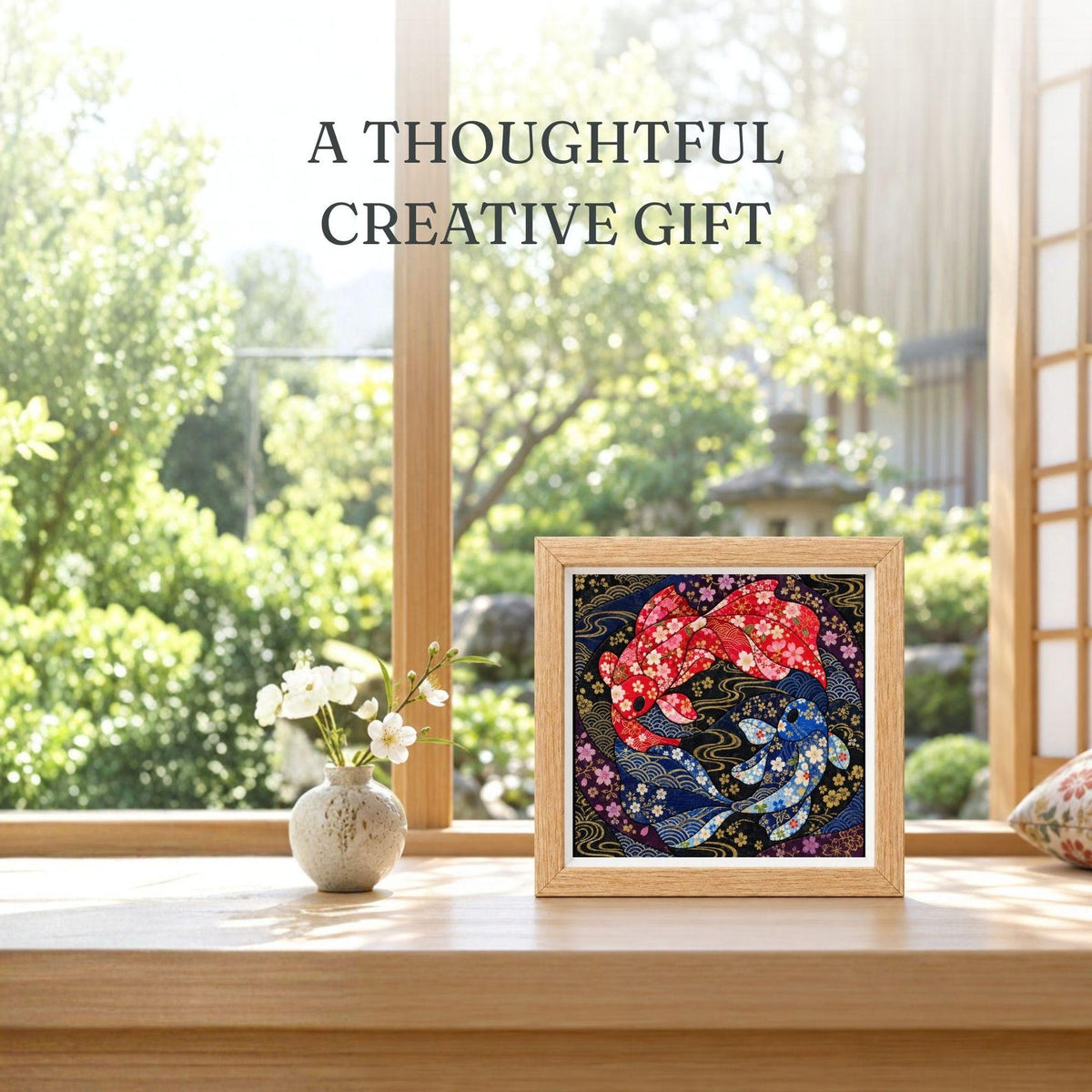 May include: A square framed artwork featuring a red and blue koi fish design with floral patterns on a black background, accompanied by a small white ceramic vase with white flowers. The text A THOUGHTFUL CREATIVE GIFT is visible above.