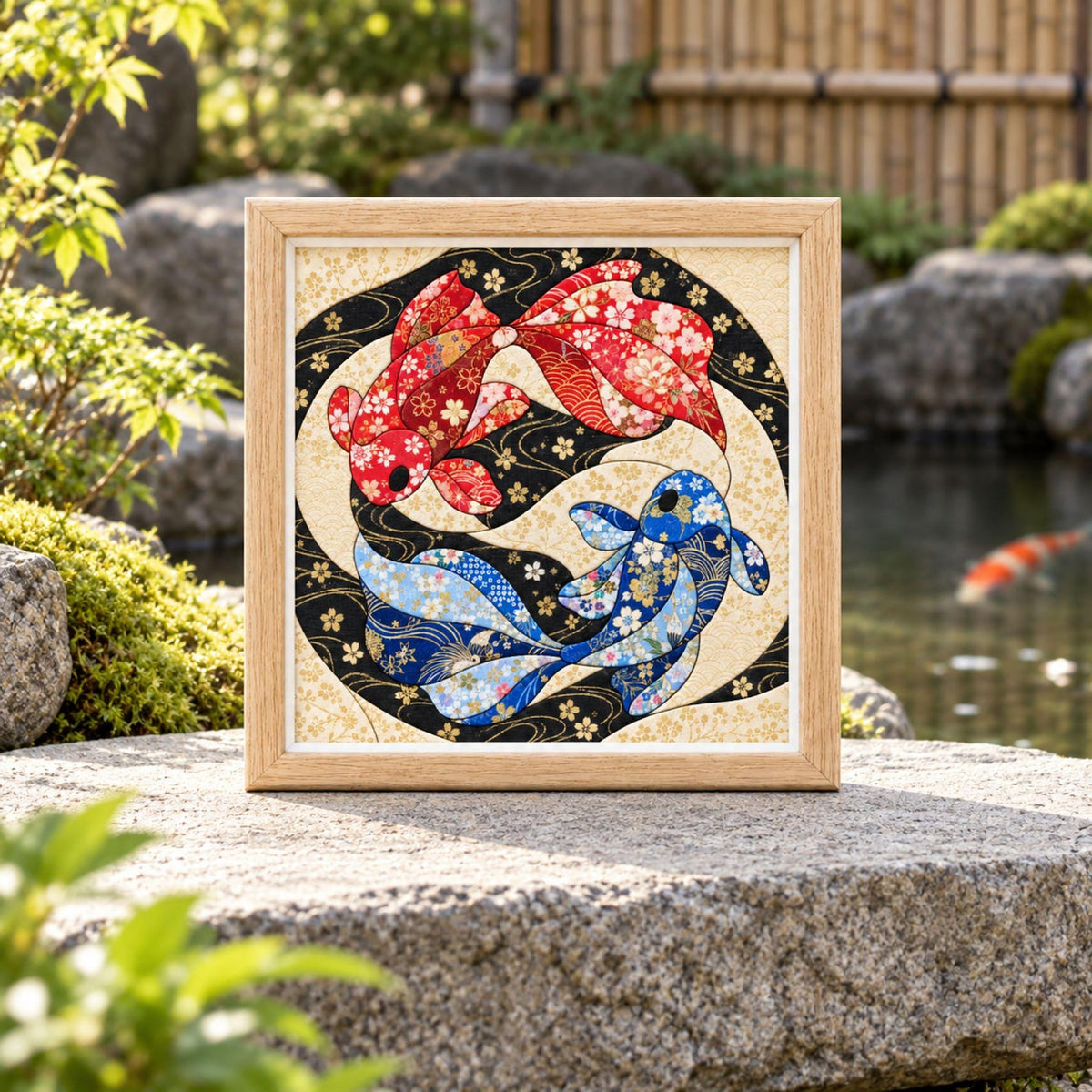 May include: A square framed artwork featuring two stylized koi fish in a circular composition. One fish is red with white floral patterns, and the other is blue with white floral patterns, both set against a black background with gold accents.
