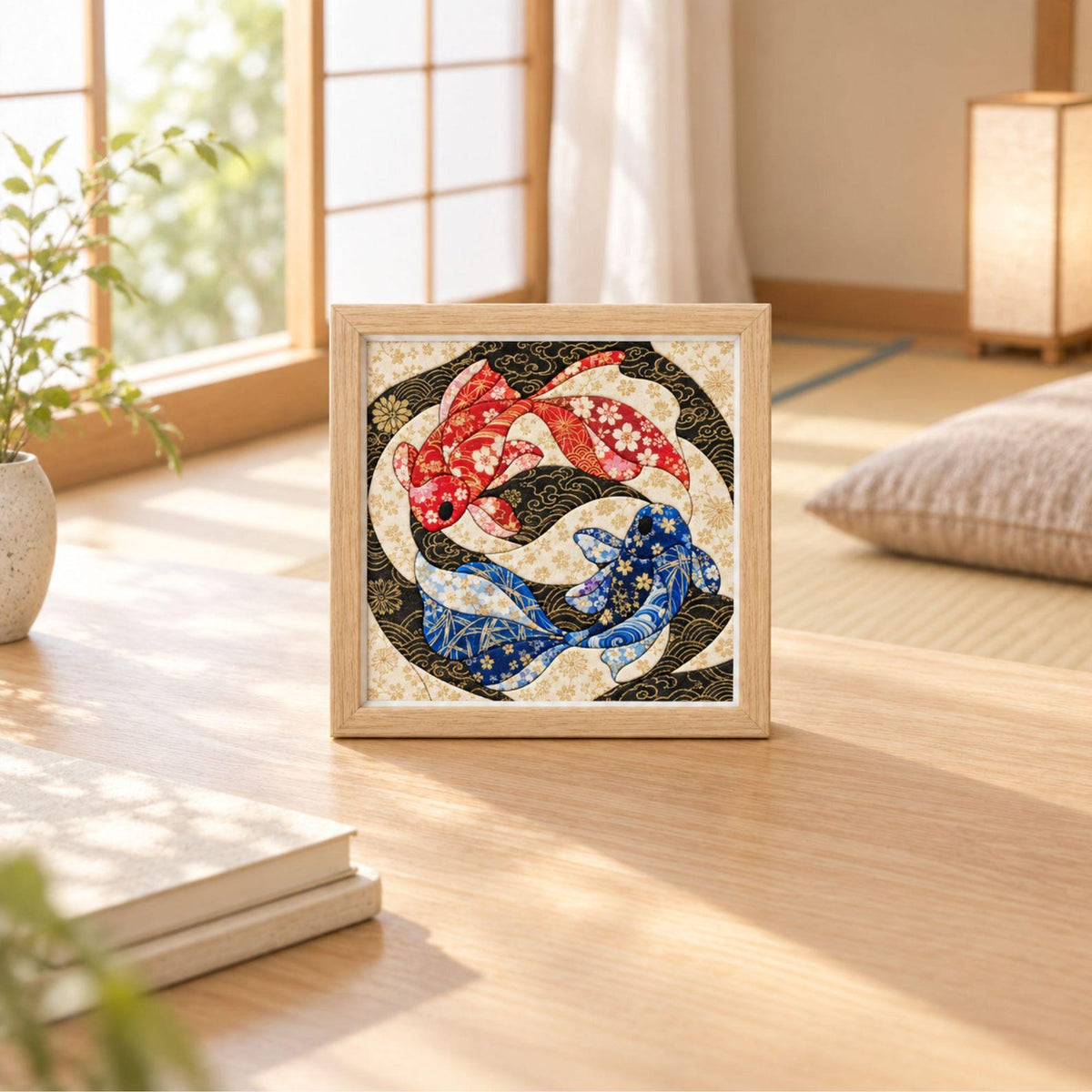 May include: A square framed artwork featuring a stylized illustration of two koi fish, one red and one blue, arranged in a circular pattern. The fish are decorated with intricate floral patterns against a black background with gold accents.