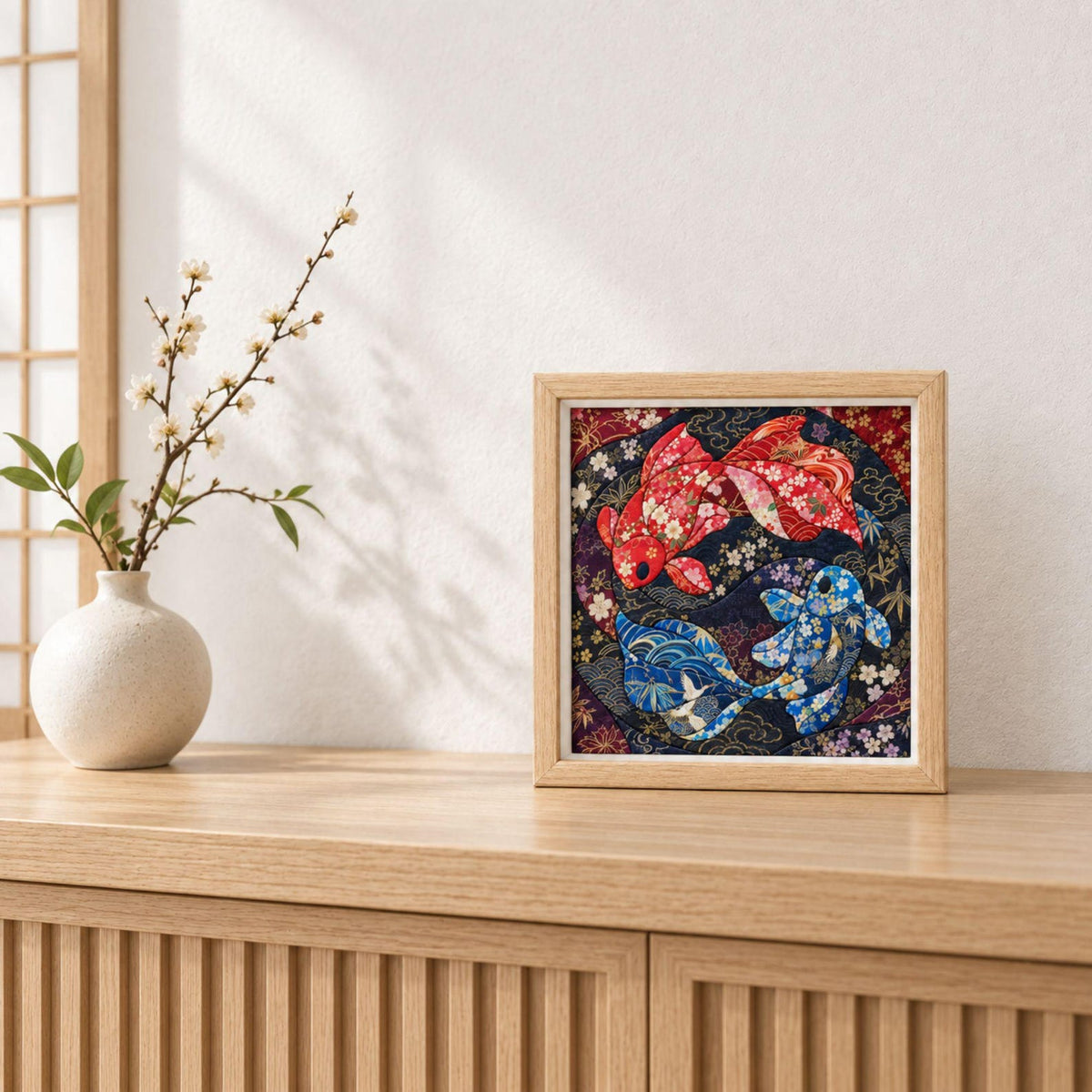 May include: A square framed wall art piece featuring a circular composition of a red koi fish and a blue koi fish swimming in a yin-yang pattern. The fish are decorated with intricate floral patterns against a dark, textured background.