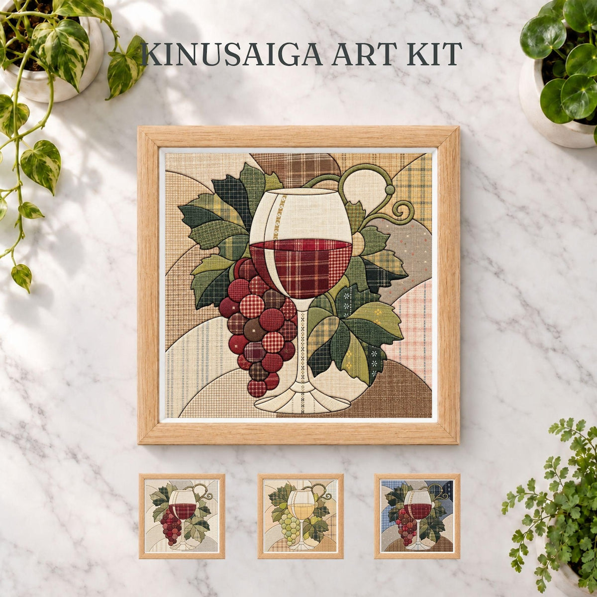 May include: A Kinusaiga art kit featuring a framed square fabric collage of a wine glass filled with red wine and a cluster of grapes. The design uses various plaid and textured fabric patterns in shades of red, green, and beige. Three smaller versions of the art kit are displayed below the main framed piece.