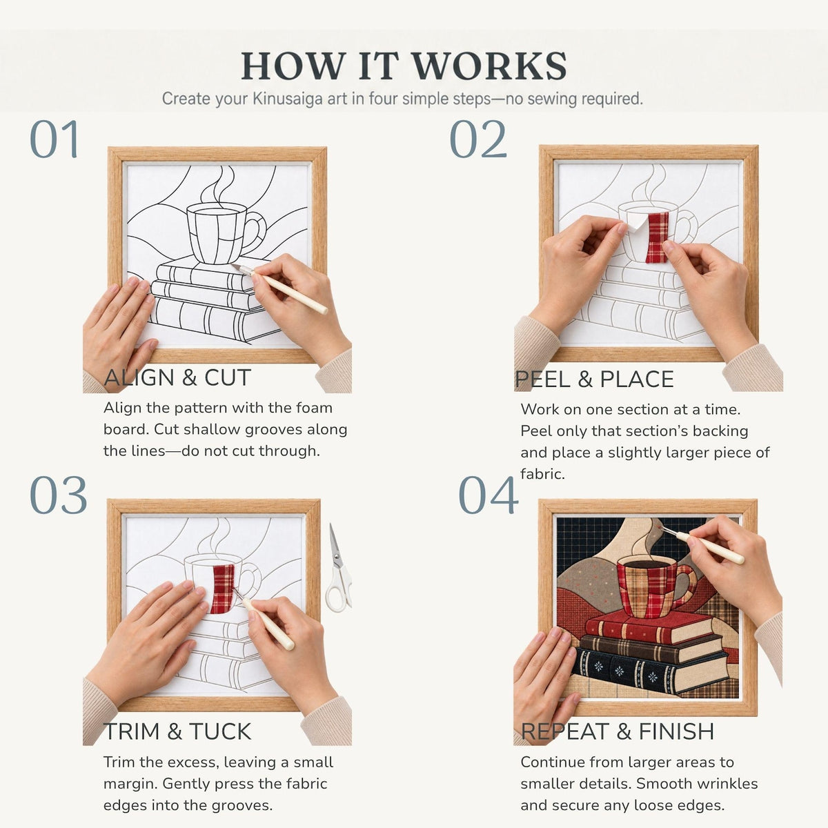 May include: A four-step instructional graphic for Kinusaiga art featuring a framed line drawing of a coffee mug on books. The steps include aligning and cutting grooves, peeling and placing fabric, trimming and tucking edges, and repeating the process to finish the image with various fabric textures and colors.