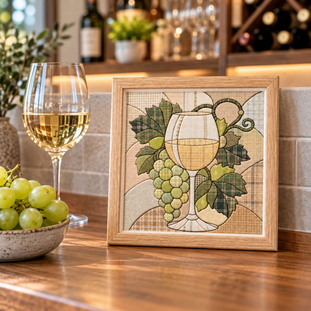 May include: A square framed fabric art piece featuring a quilted design of a wine glass filled with white wine and a cluster of green grapes. The artwork uses various shades of green, tan, and cream fabric patterns within a light wood frame.