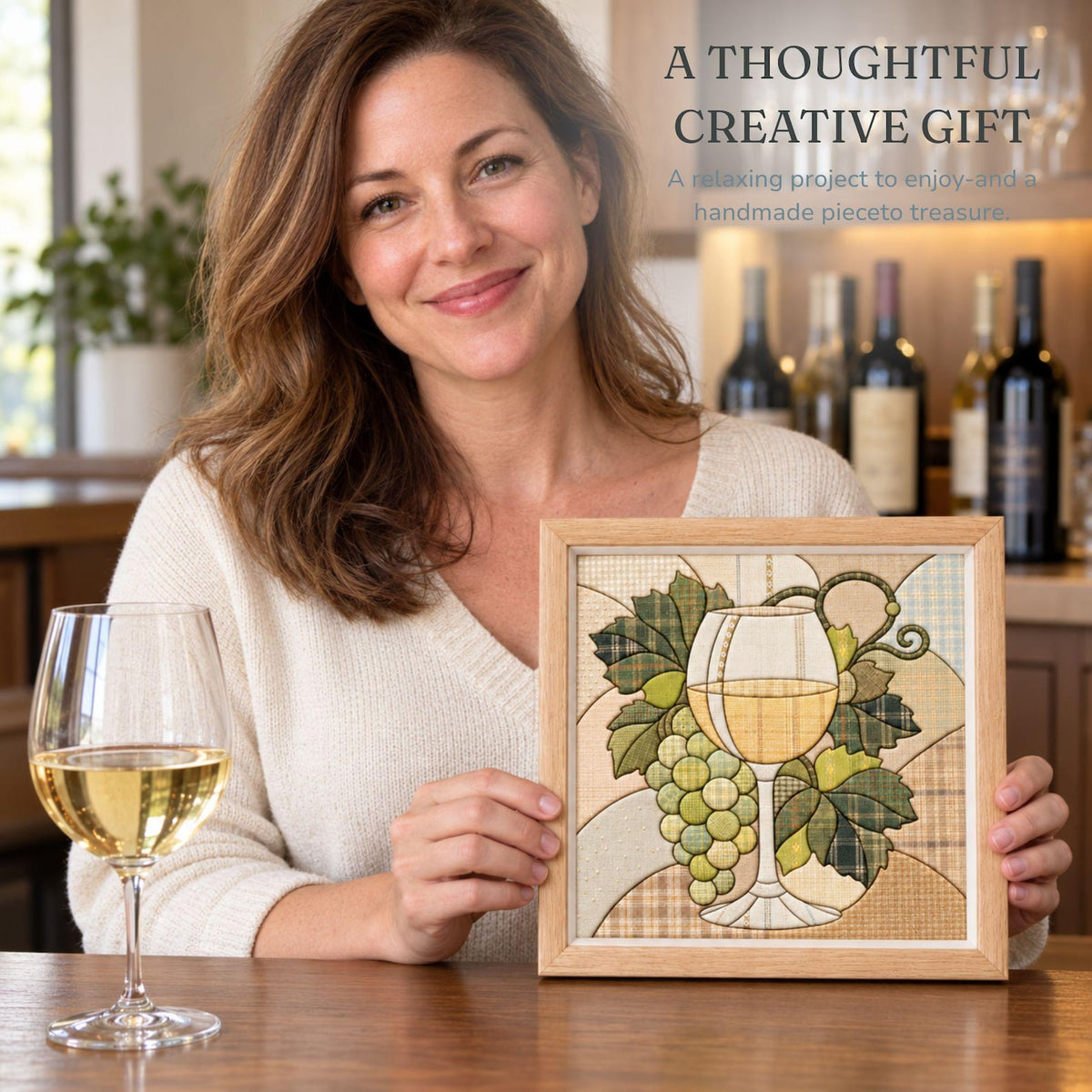 May include: A square framed fabric art piece featuring a central wine glass filled with white wine, surrounded by green grapes and leaves in a patchwork style. The design uses various plaid and solid fabric textures in shades of green and tan.